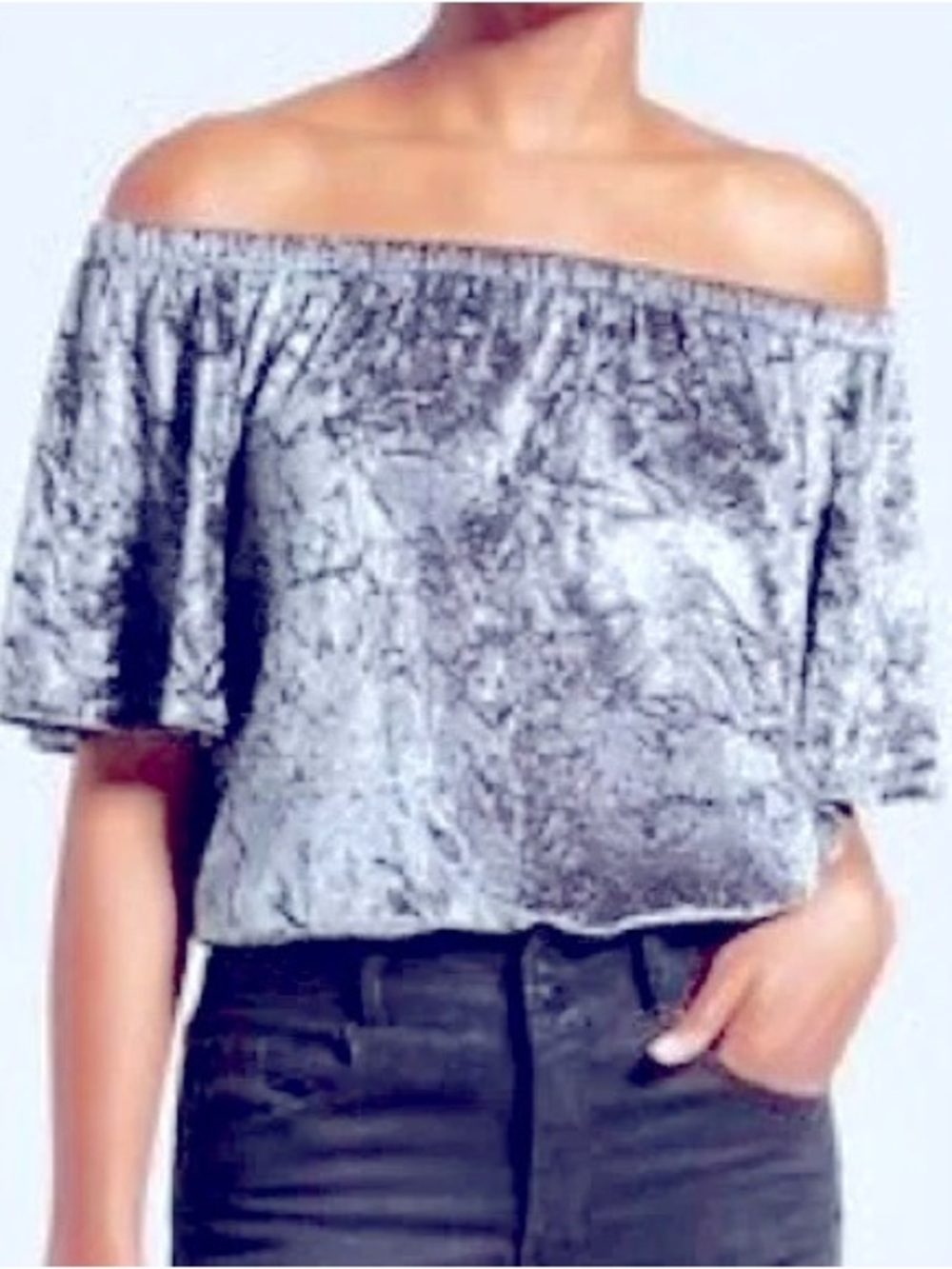 Knox Rose Crushed Velvet Off-the-Shoulder Top Grey Shimmer Boho Whimsigoth